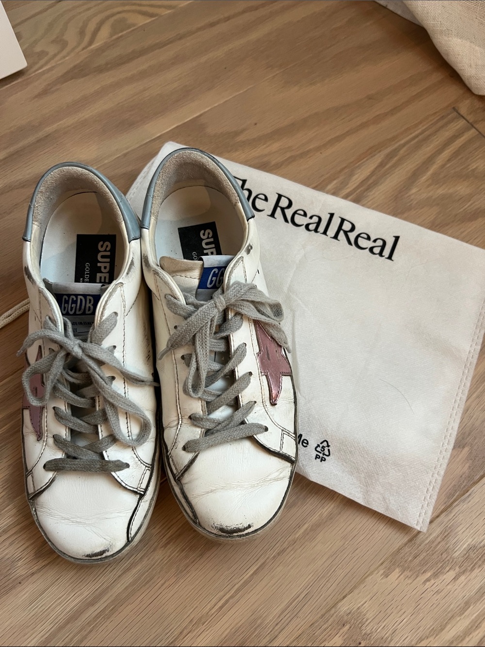 Golden Goose White Leather Sneakers with Pink Star and Gray Heel Tab
